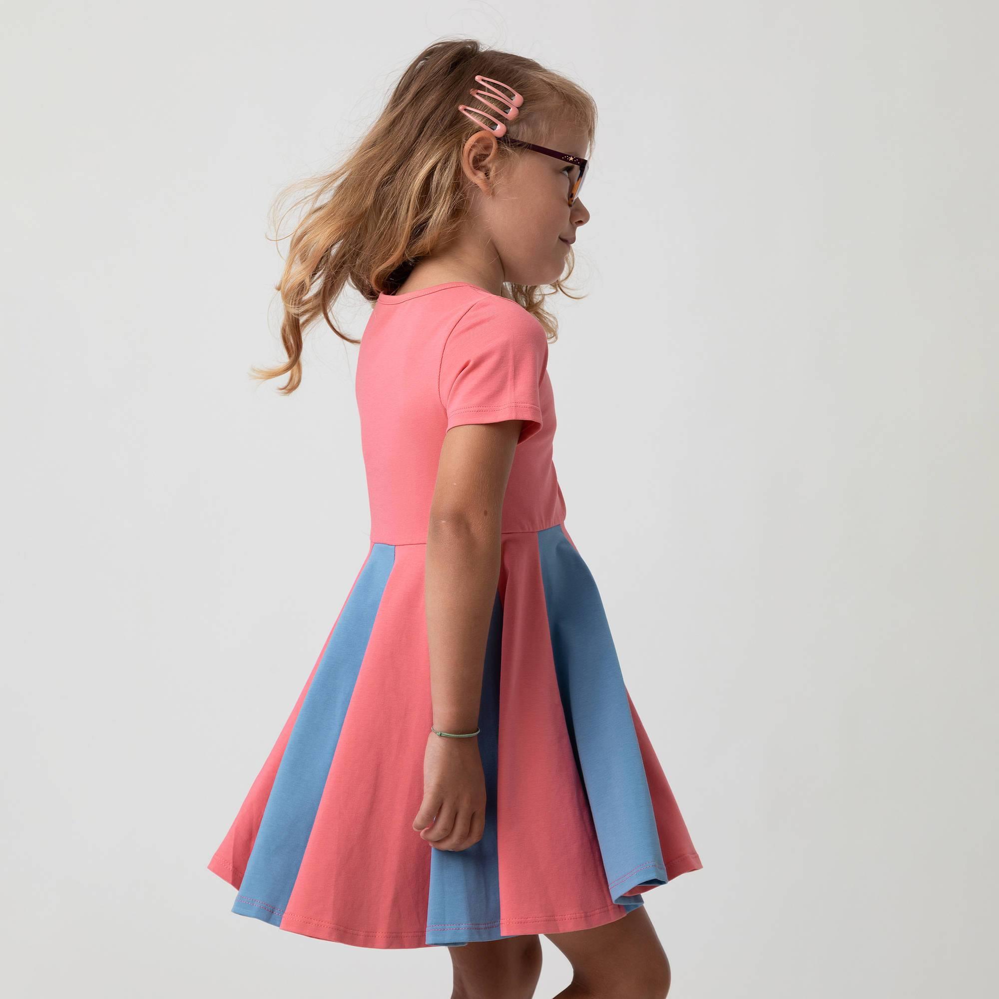 Coral - sky blue short sleeve dress with colorful ruffle