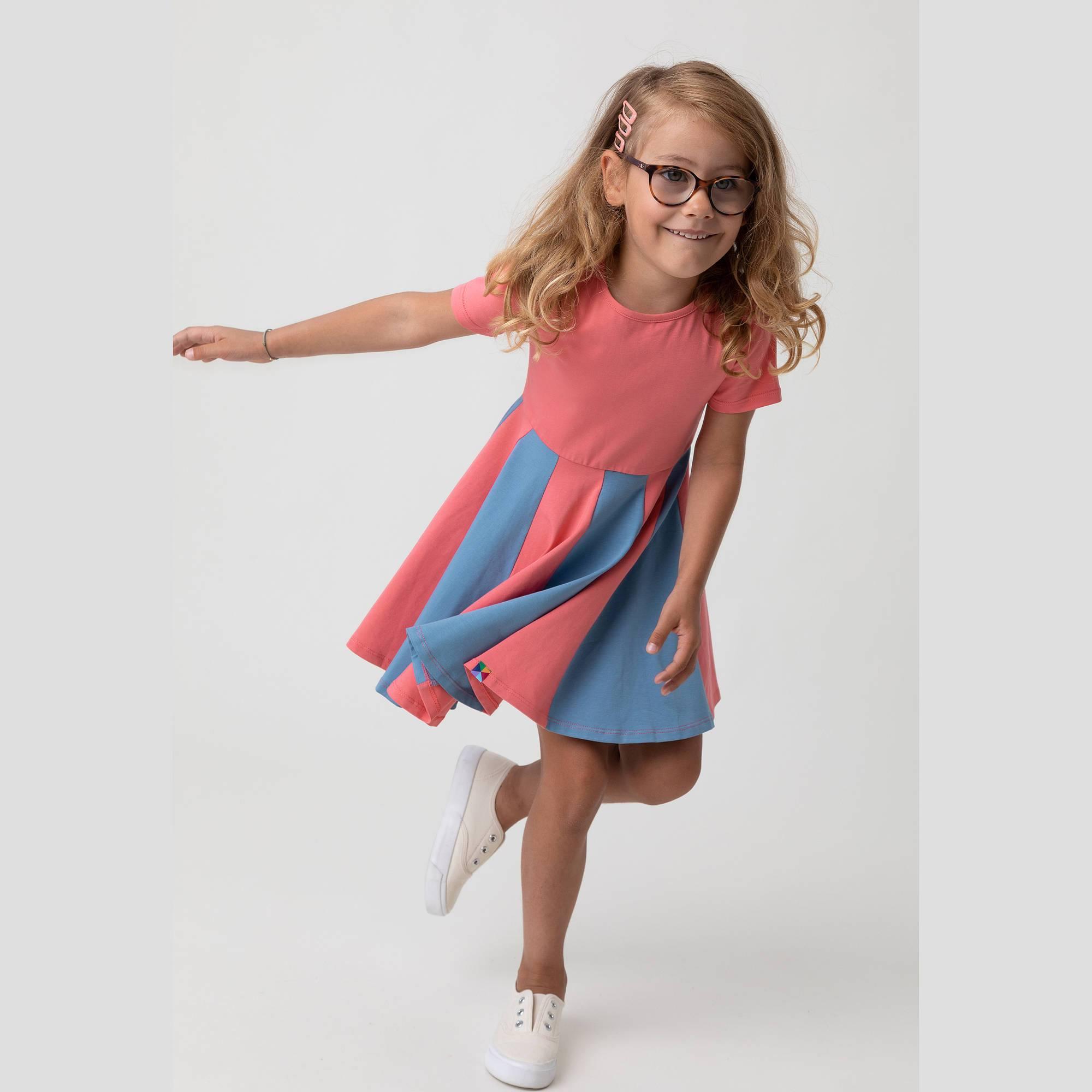 Coral - sky blue short sleeve dress with colorful ruffle