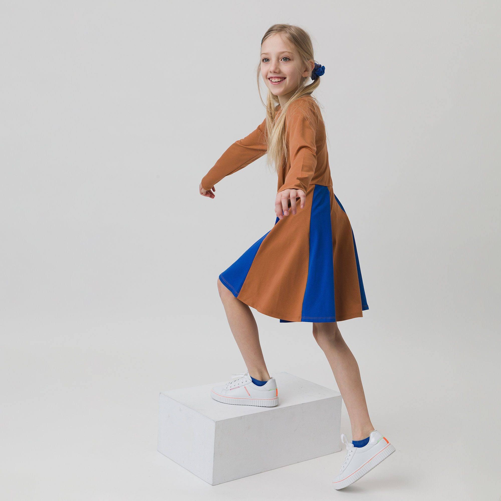 Caramel - blue two-tone frill dress