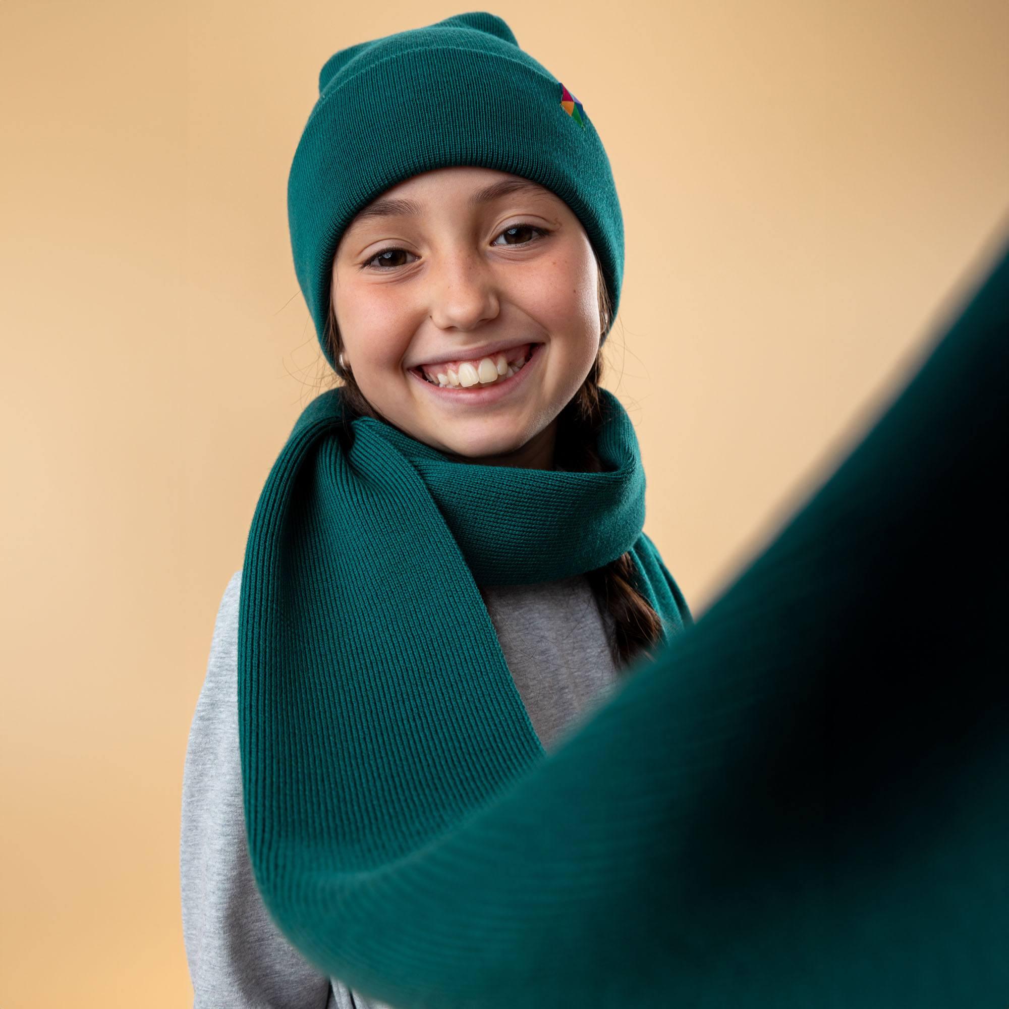 Bottle-green fine knit merino wool scarf kids