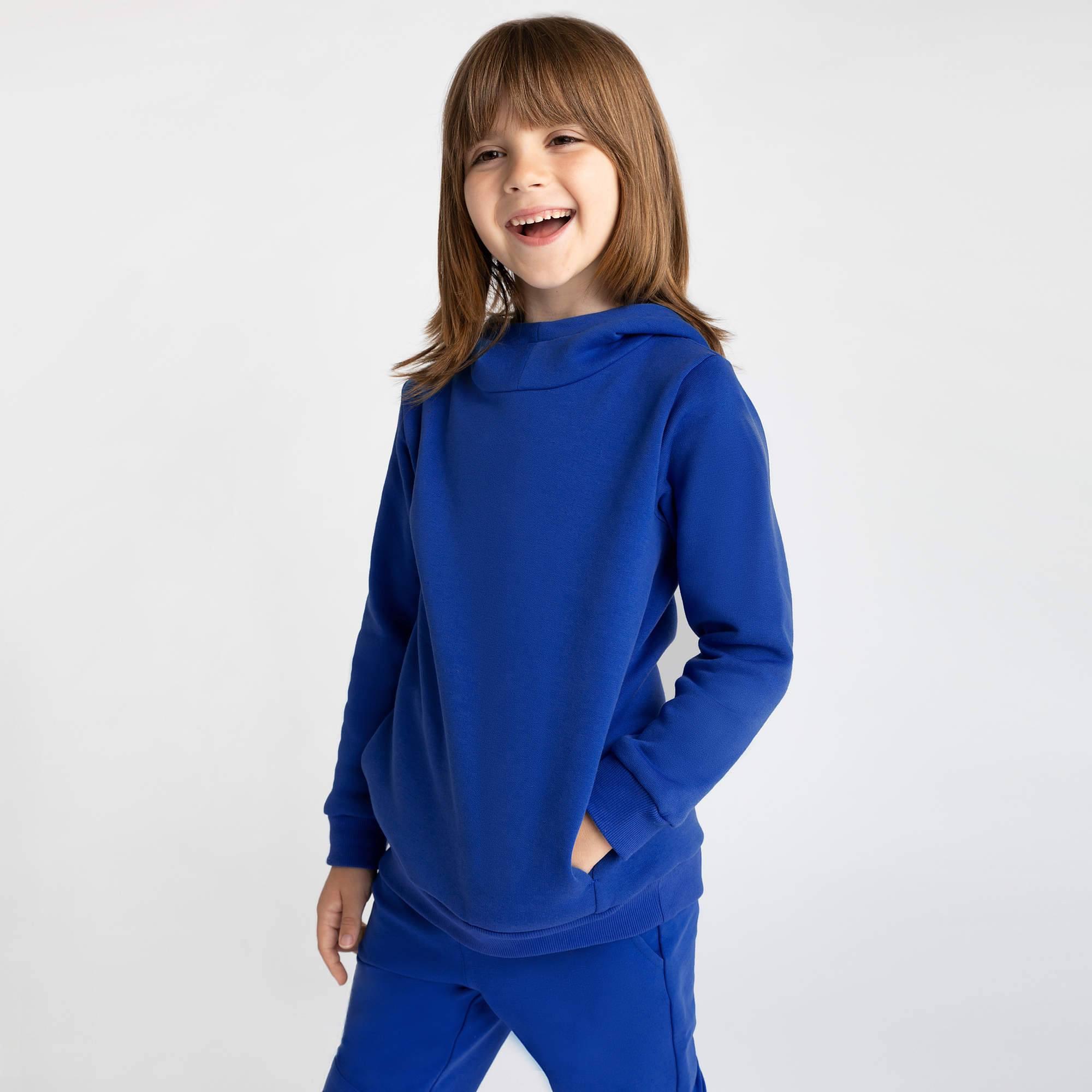 Blue fleece-lined pullover hoodie