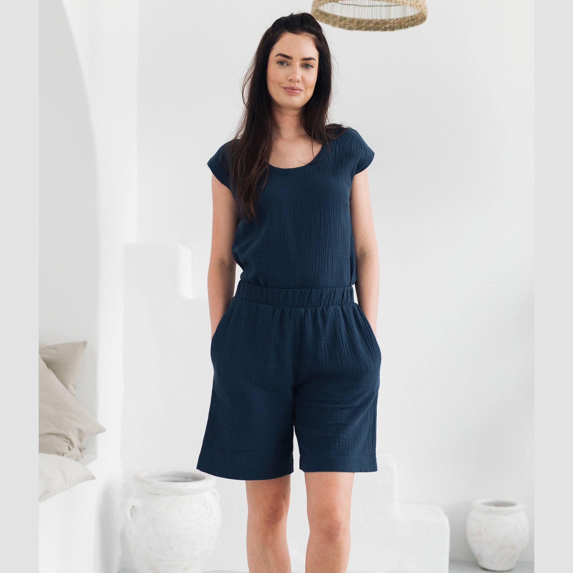 Navy blue muslin muslin shorts Women