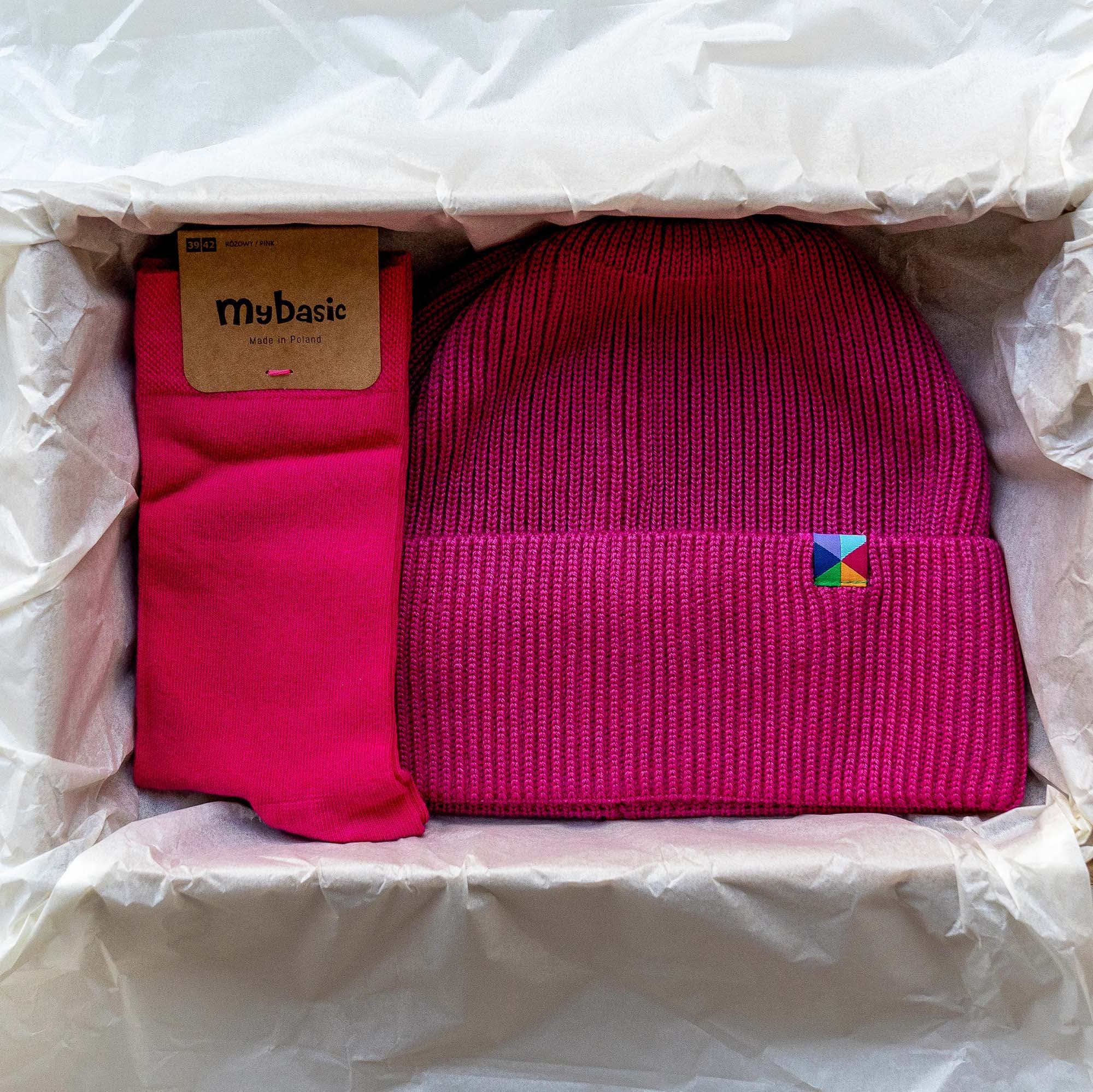 Pink merino wool hat and socks set adults