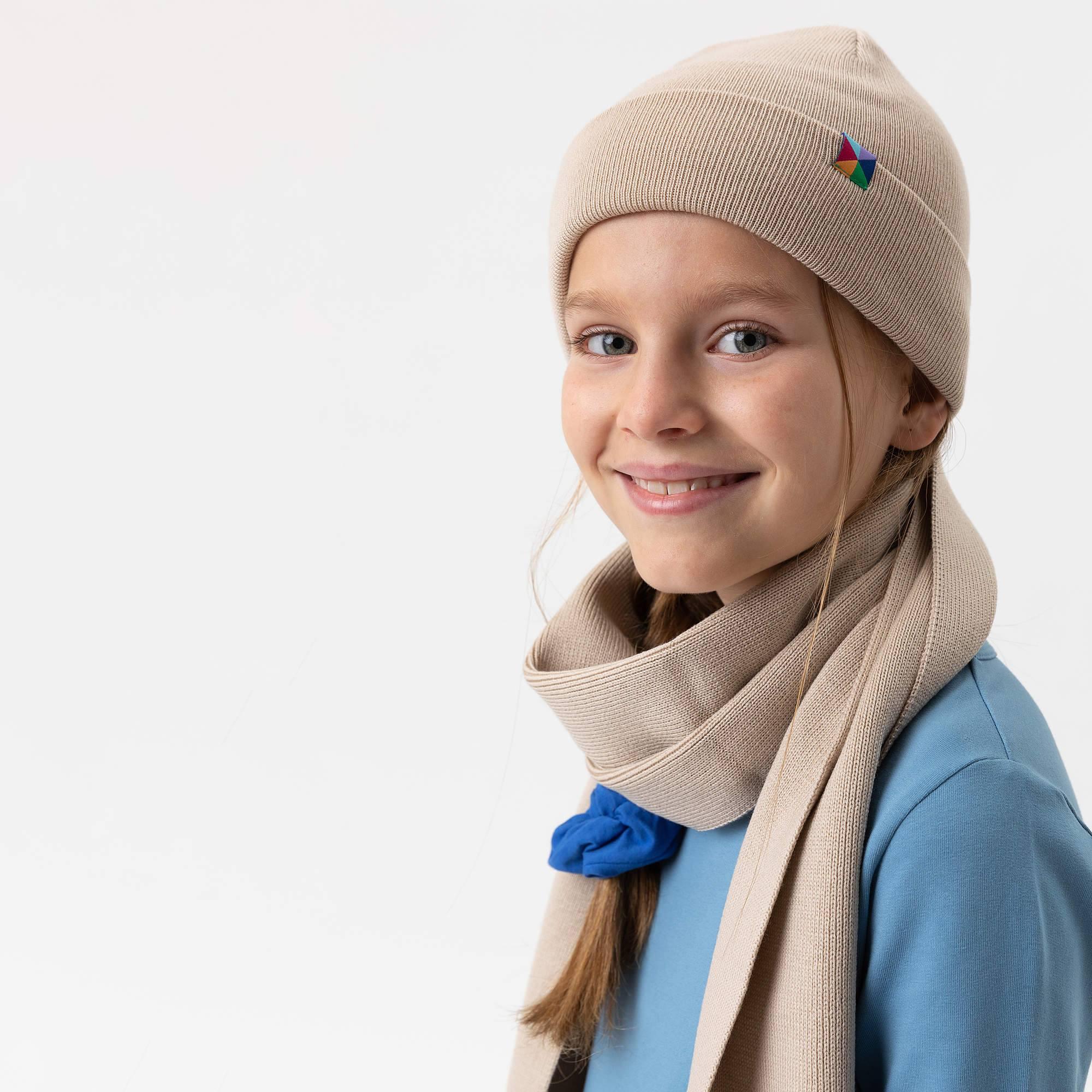 Beige fine knit merino wool cap kids