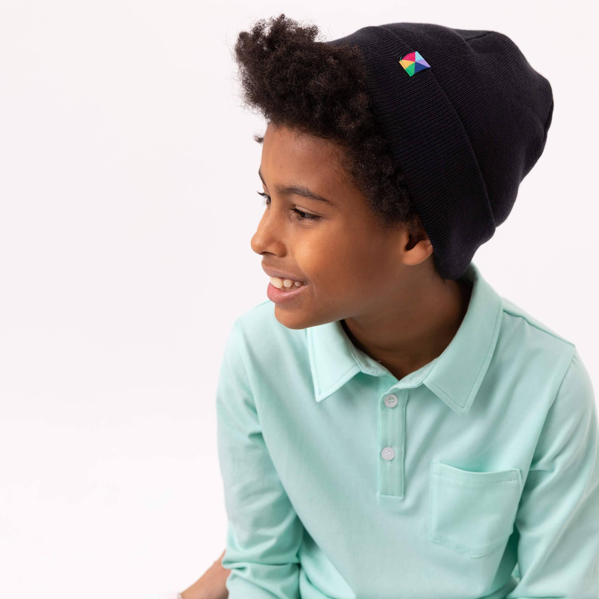 Black fine knit merino wool cap kids