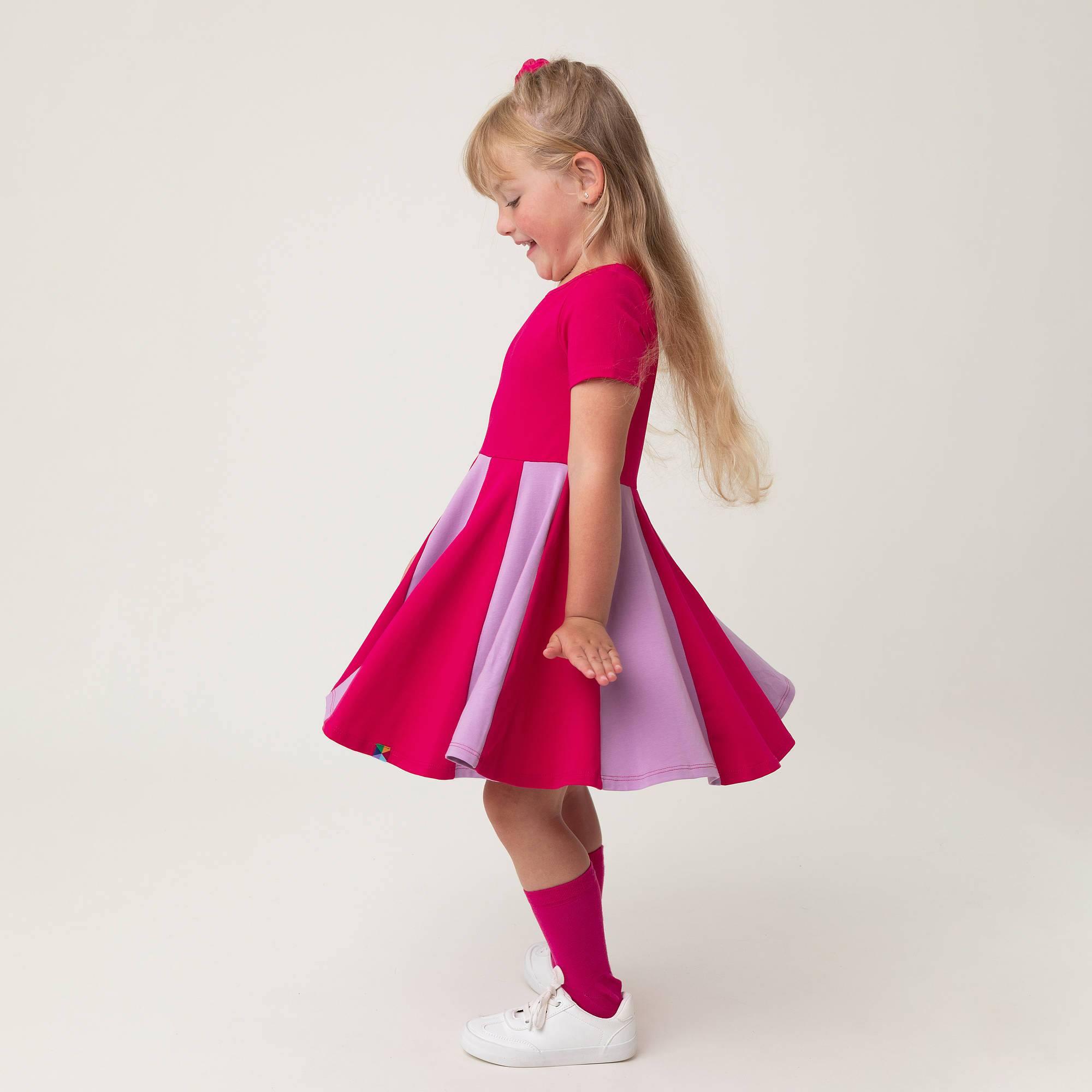 Pink - light purple short sleeve dress with colorful ruffle