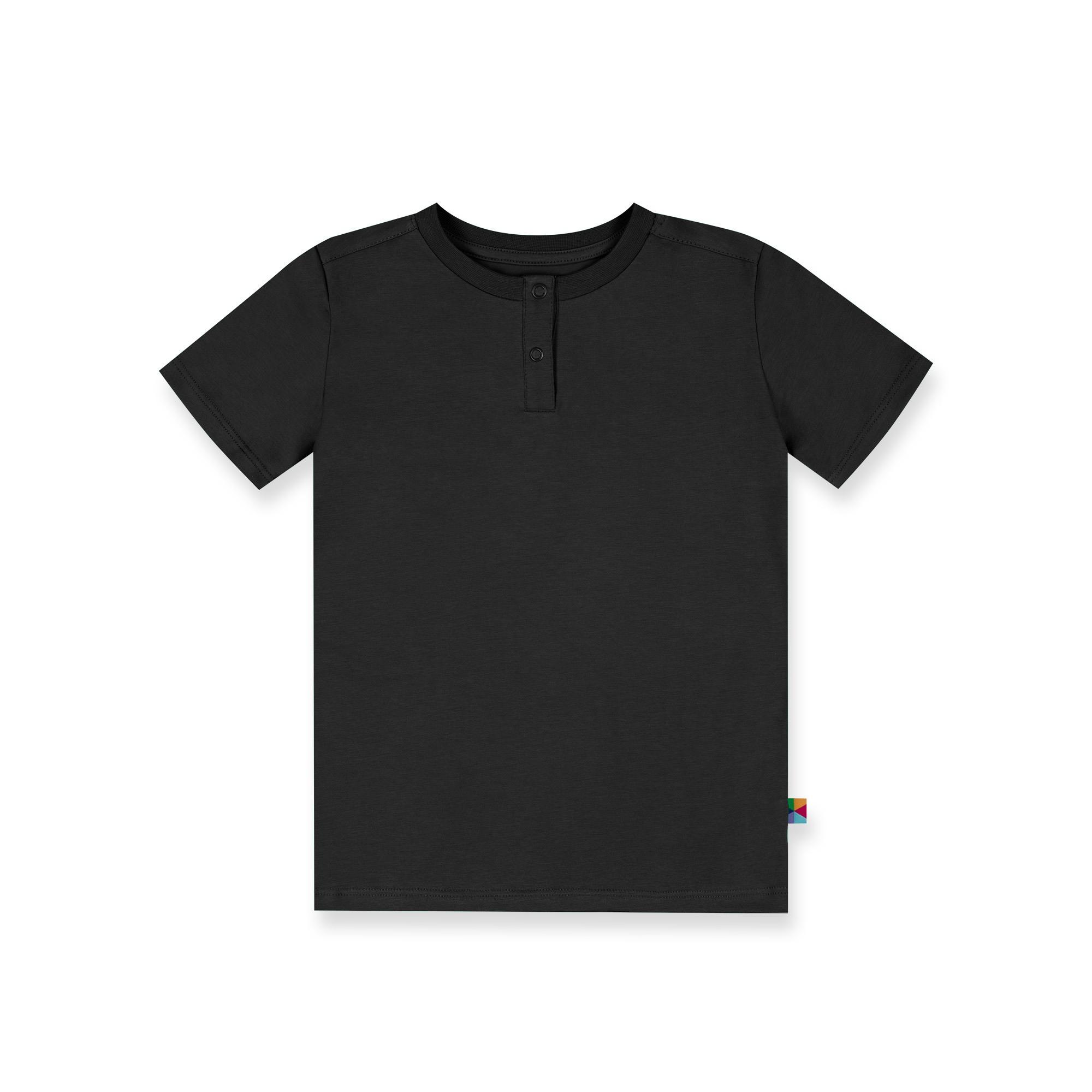 Black round neck button-up shirt