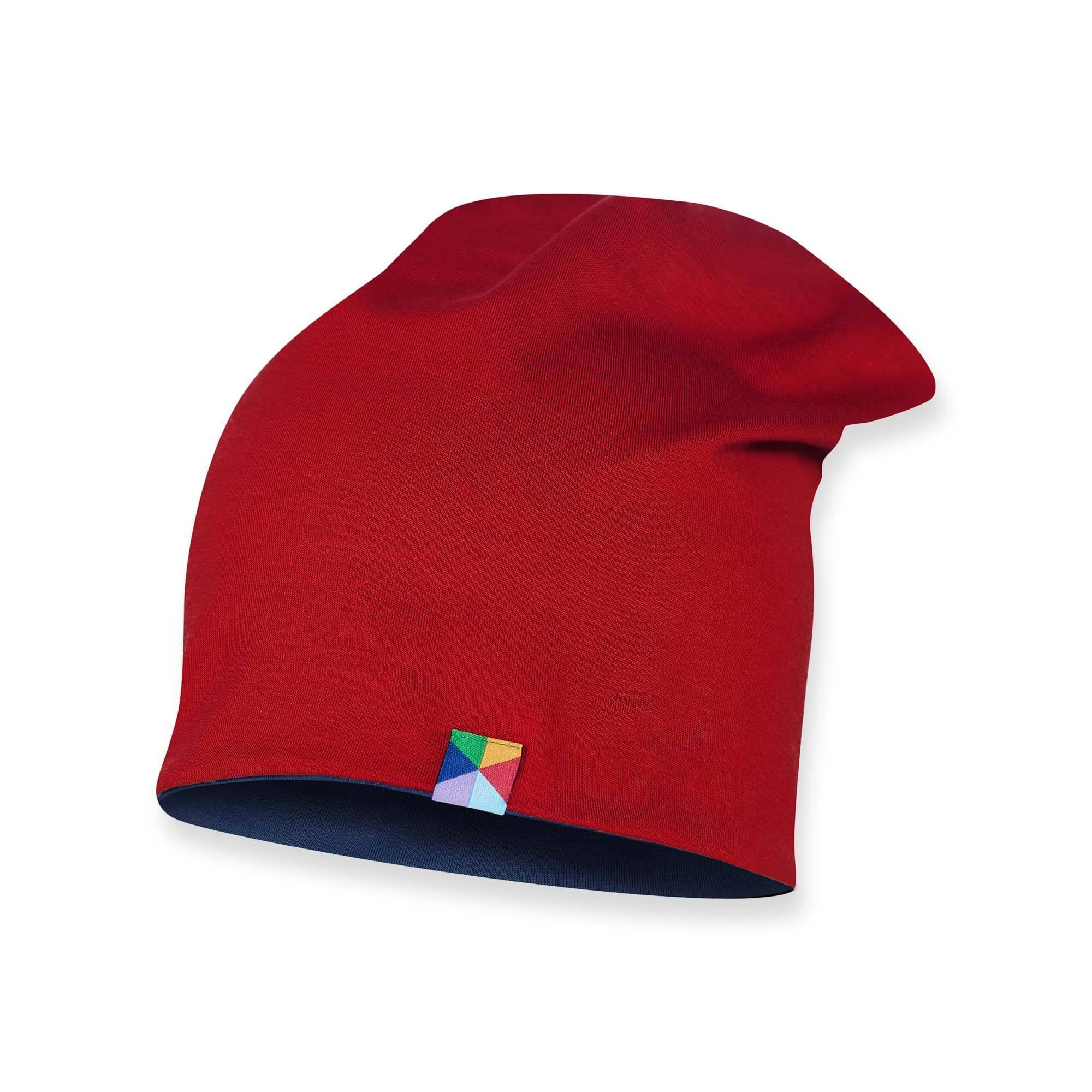 Red - navy blue reversible beanie hat adults