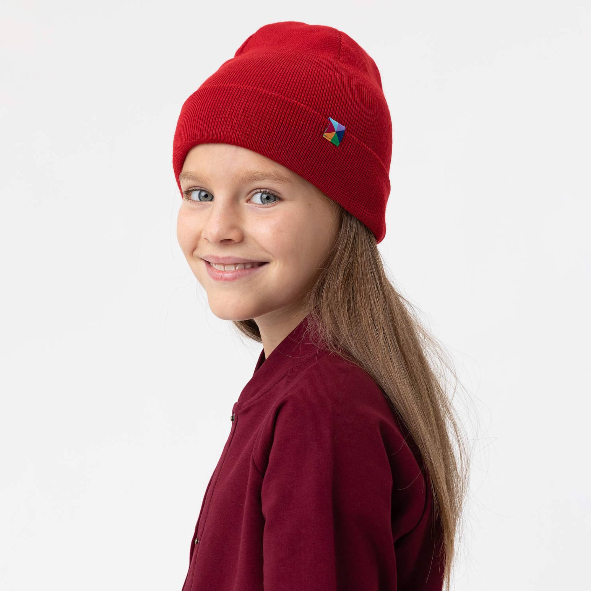 Red fine knit merino wool cap kids