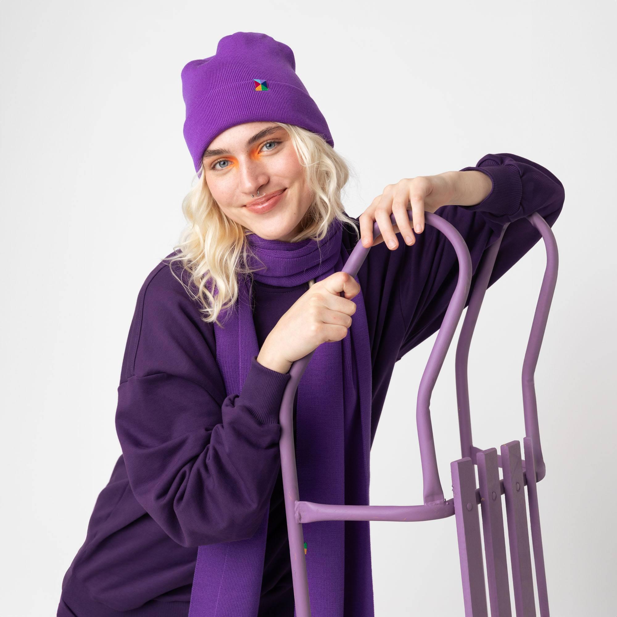 Violet fine knit merino wool beanie