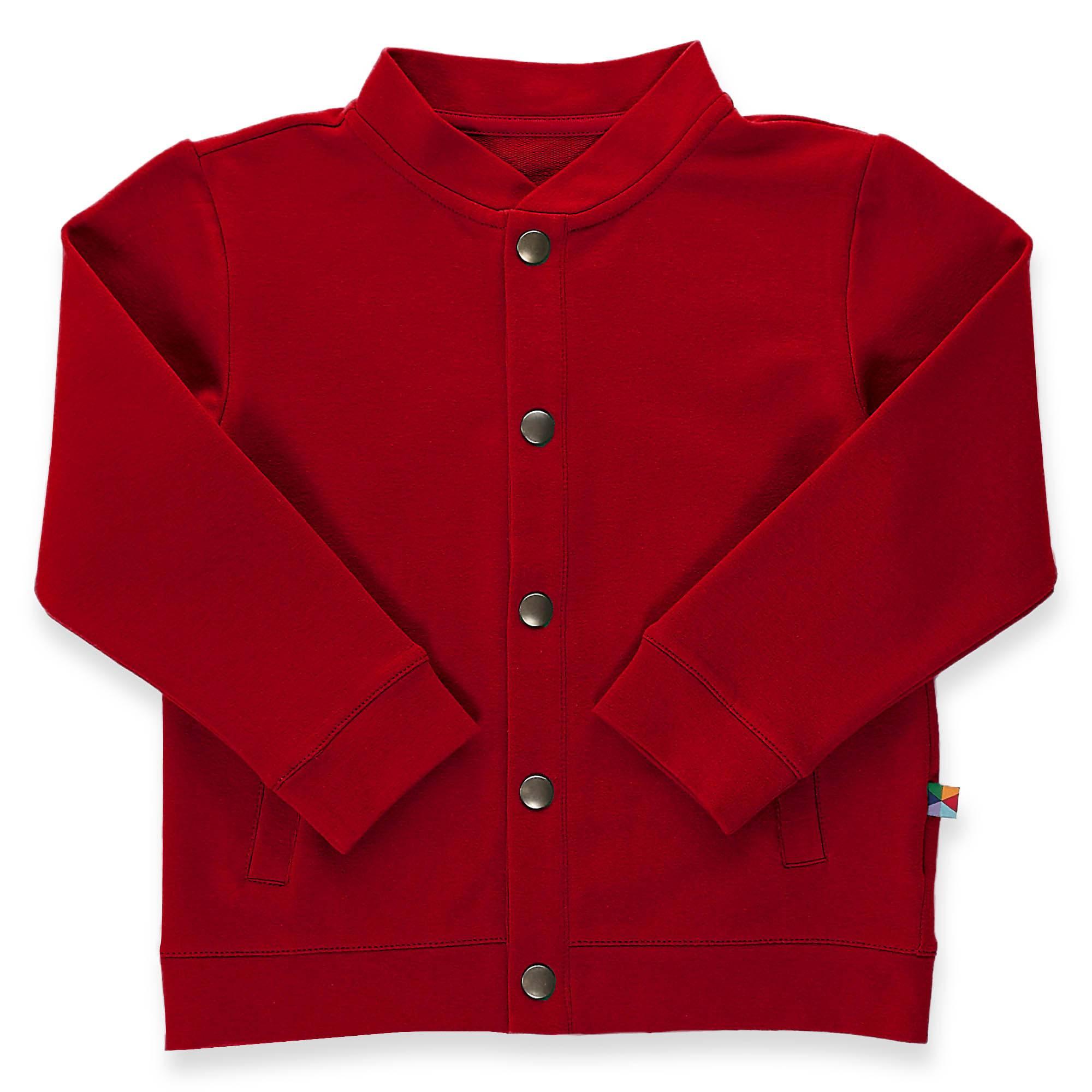 Red button-up bomber jacket with pockets