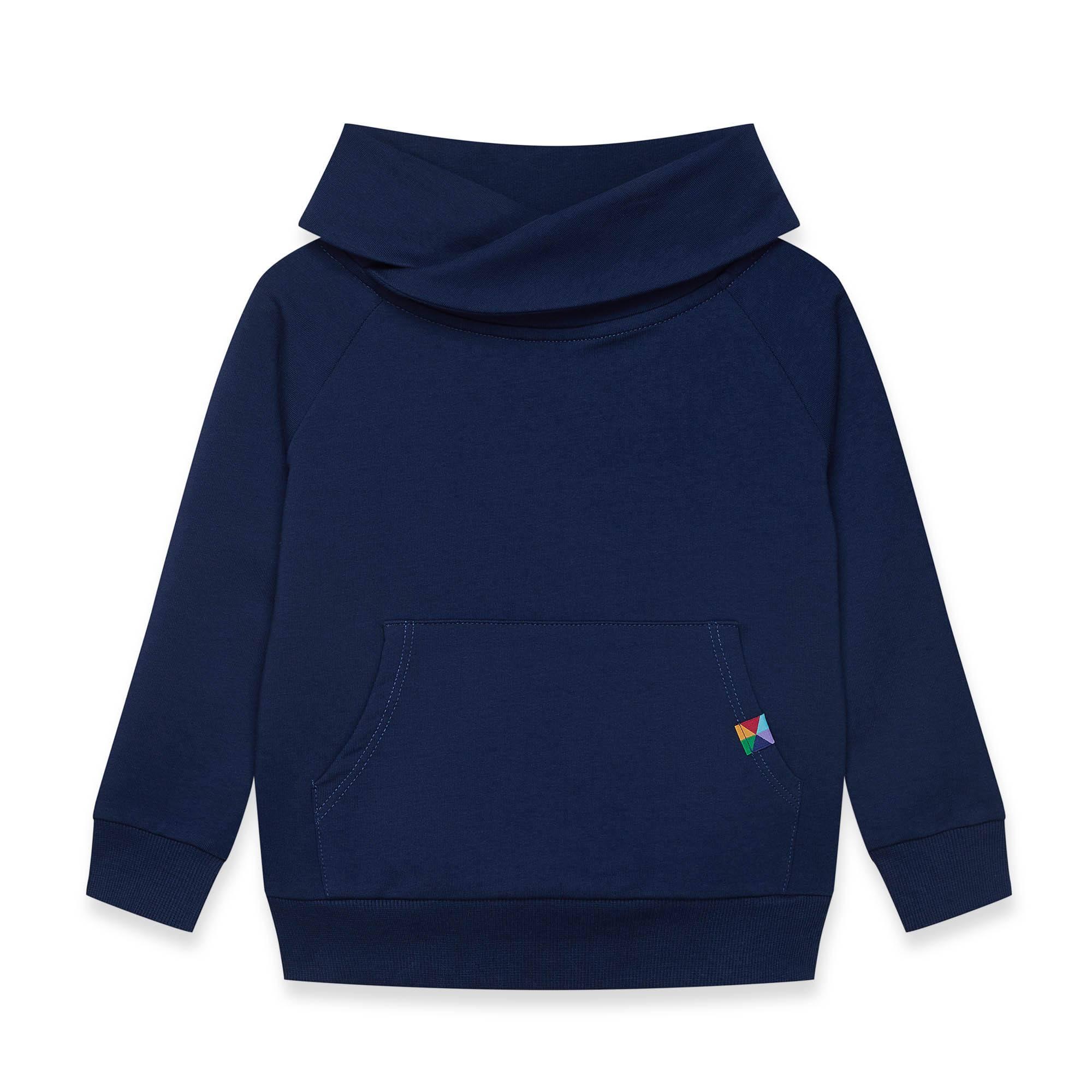 Navy blue funnel neck pullover sweatshirt