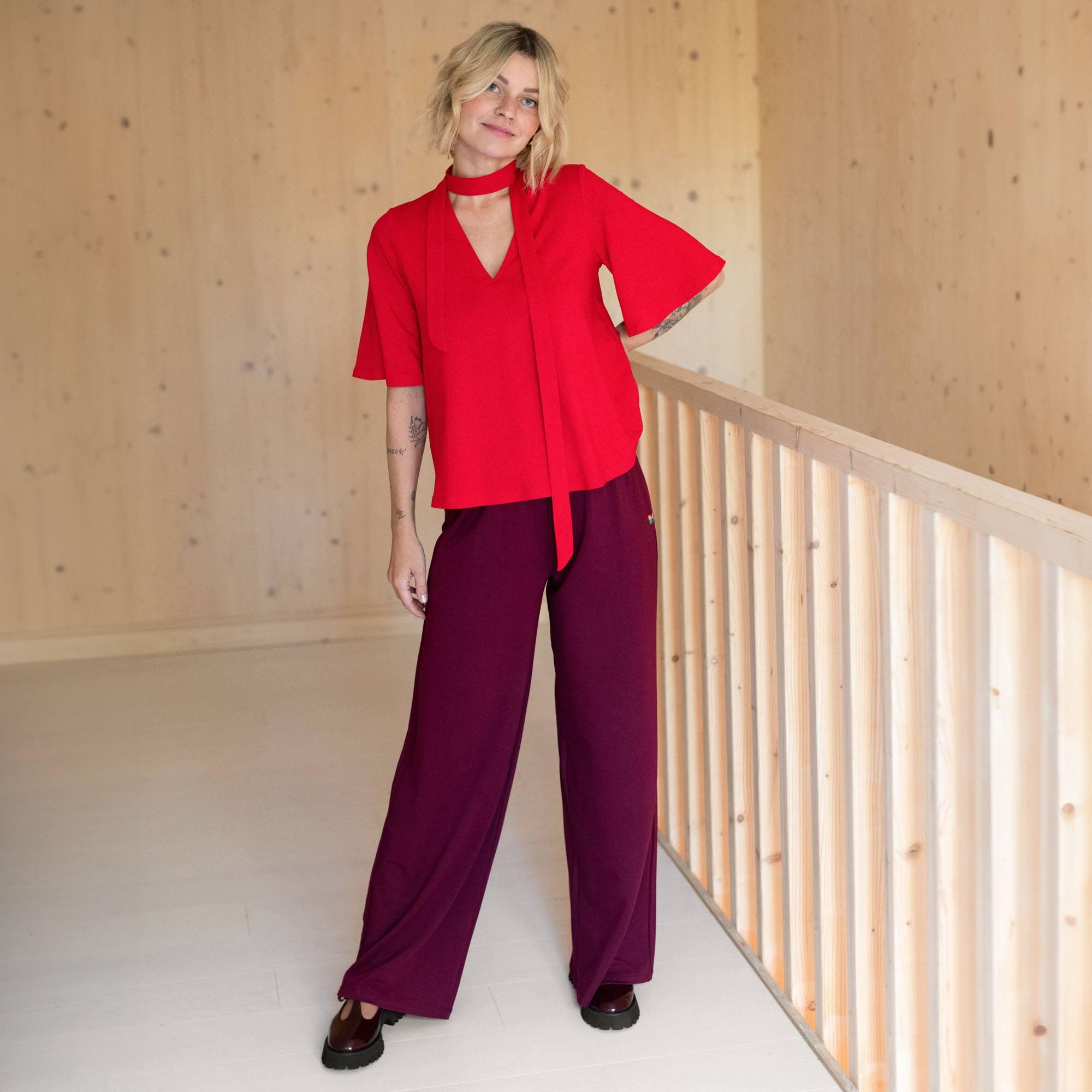 Red blouse with neck tie Women