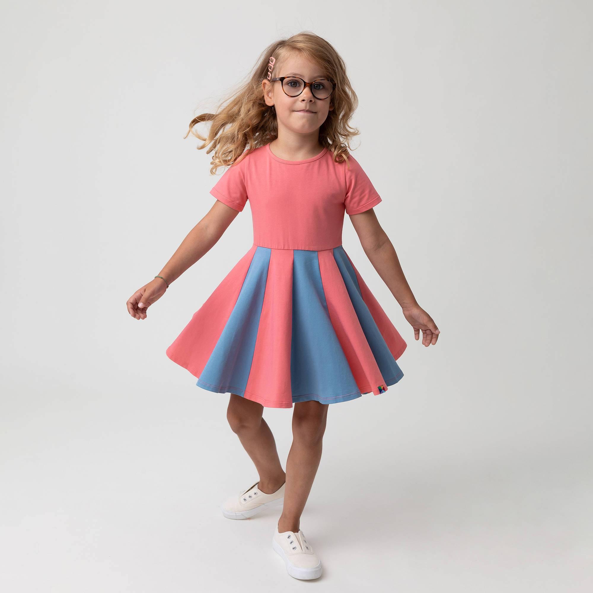 Coral - sky blue short sleeve dress with colorful ruffle