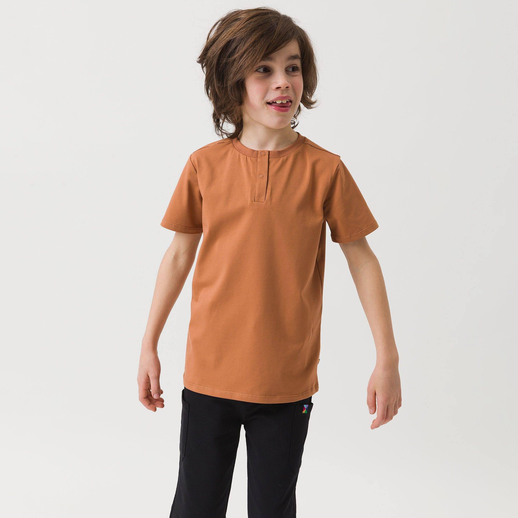 Caramel round neck button-up shirt