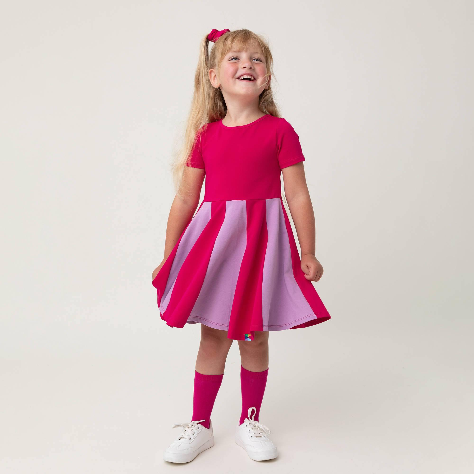 Pink - light purple short sleeve dress with colorful ruffle