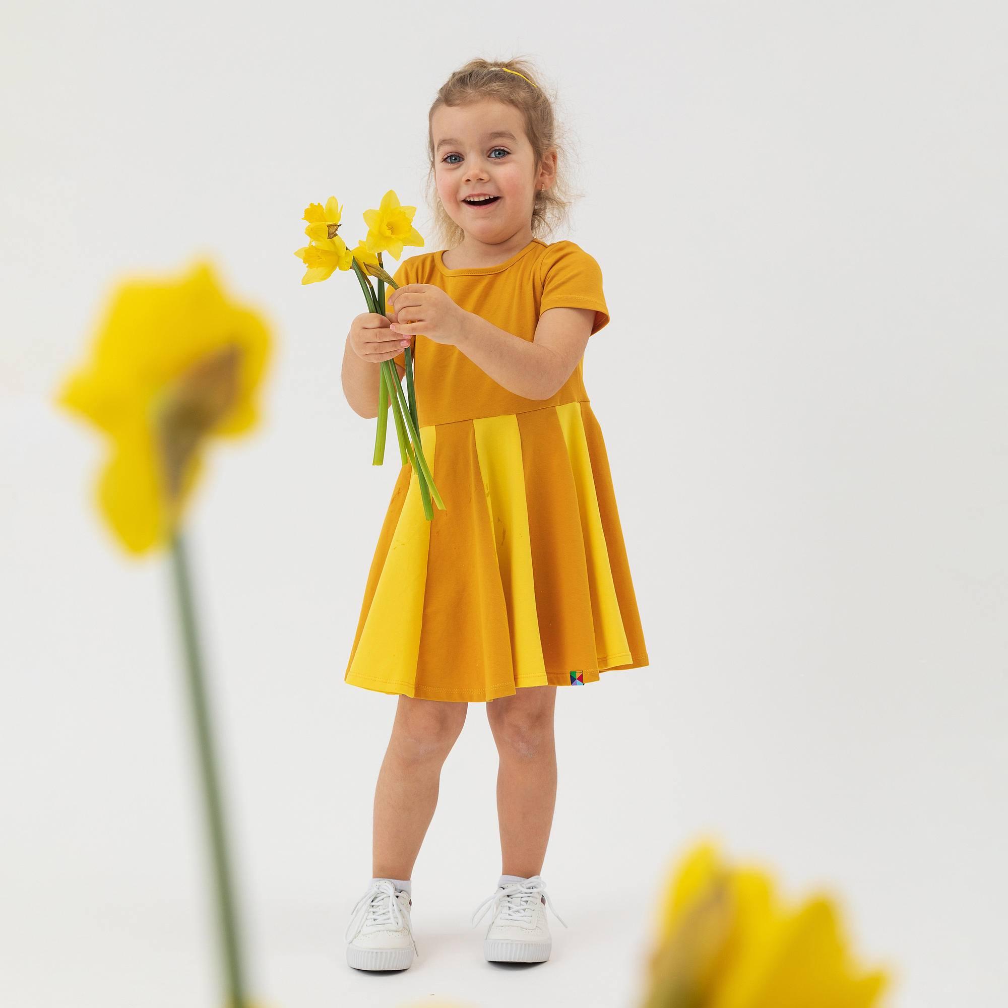 Mustard - yellow short sleeve dress with colorful ruffle