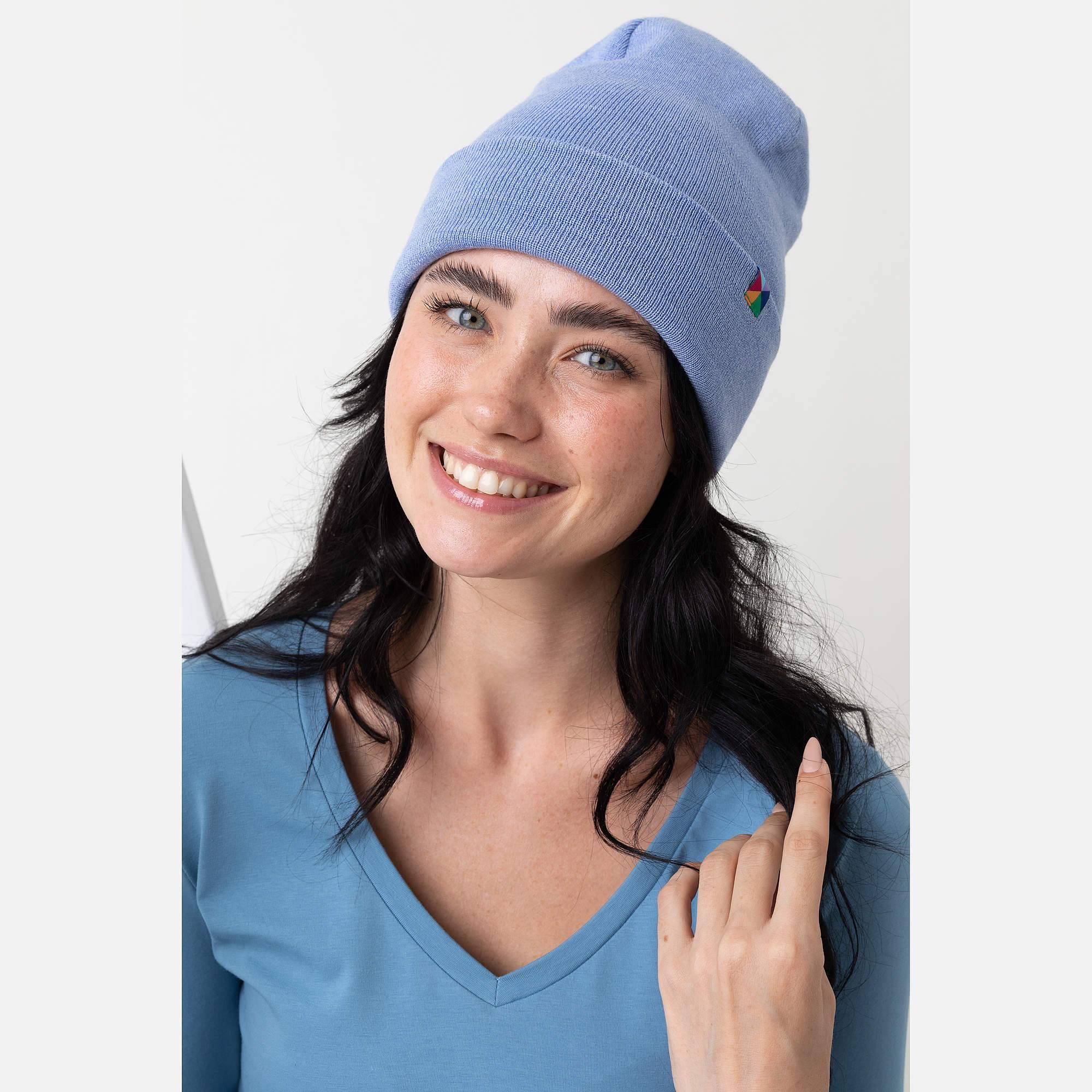 Sky blue fine knit merino wool beanie