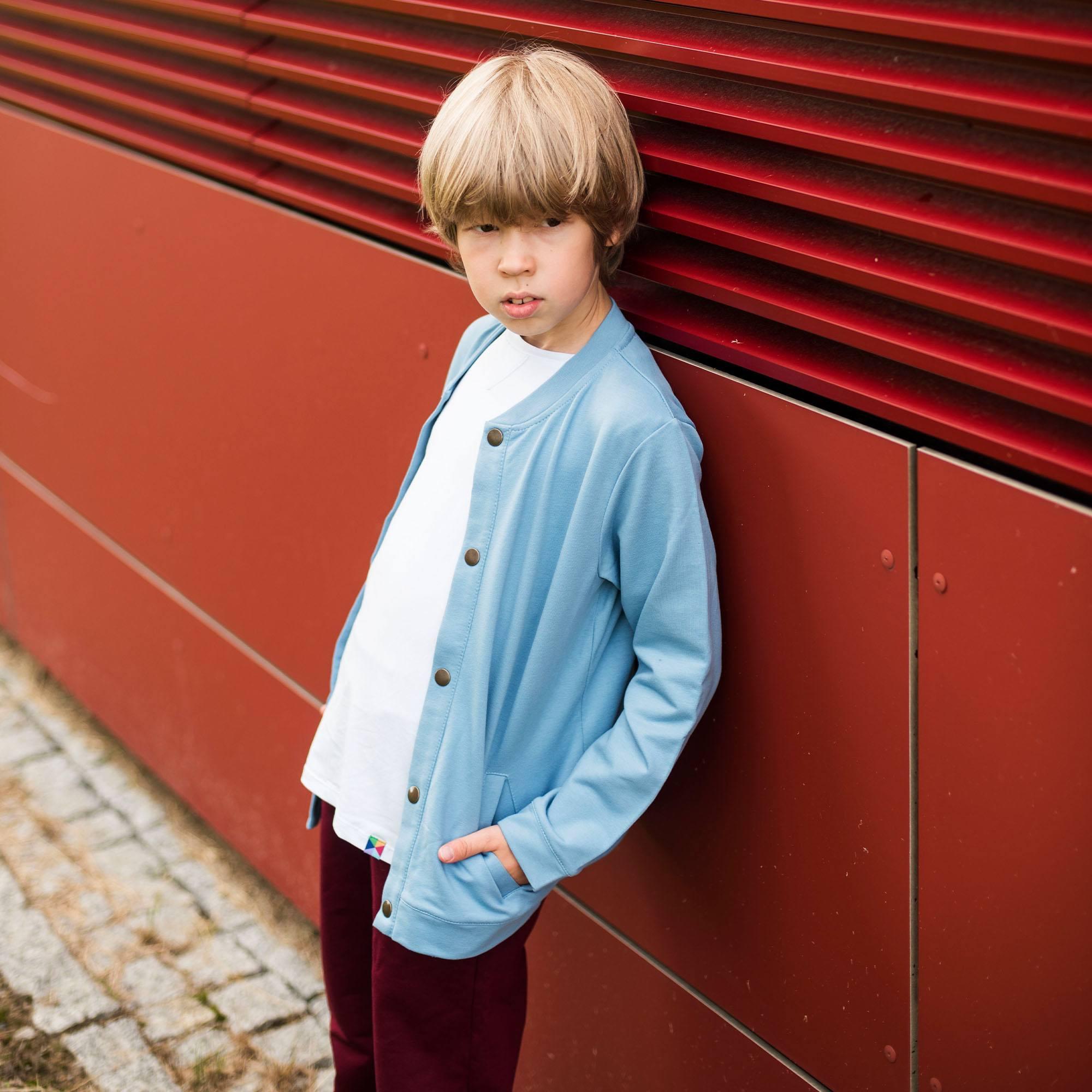 Sky blue button-up bomber jacket with pockets