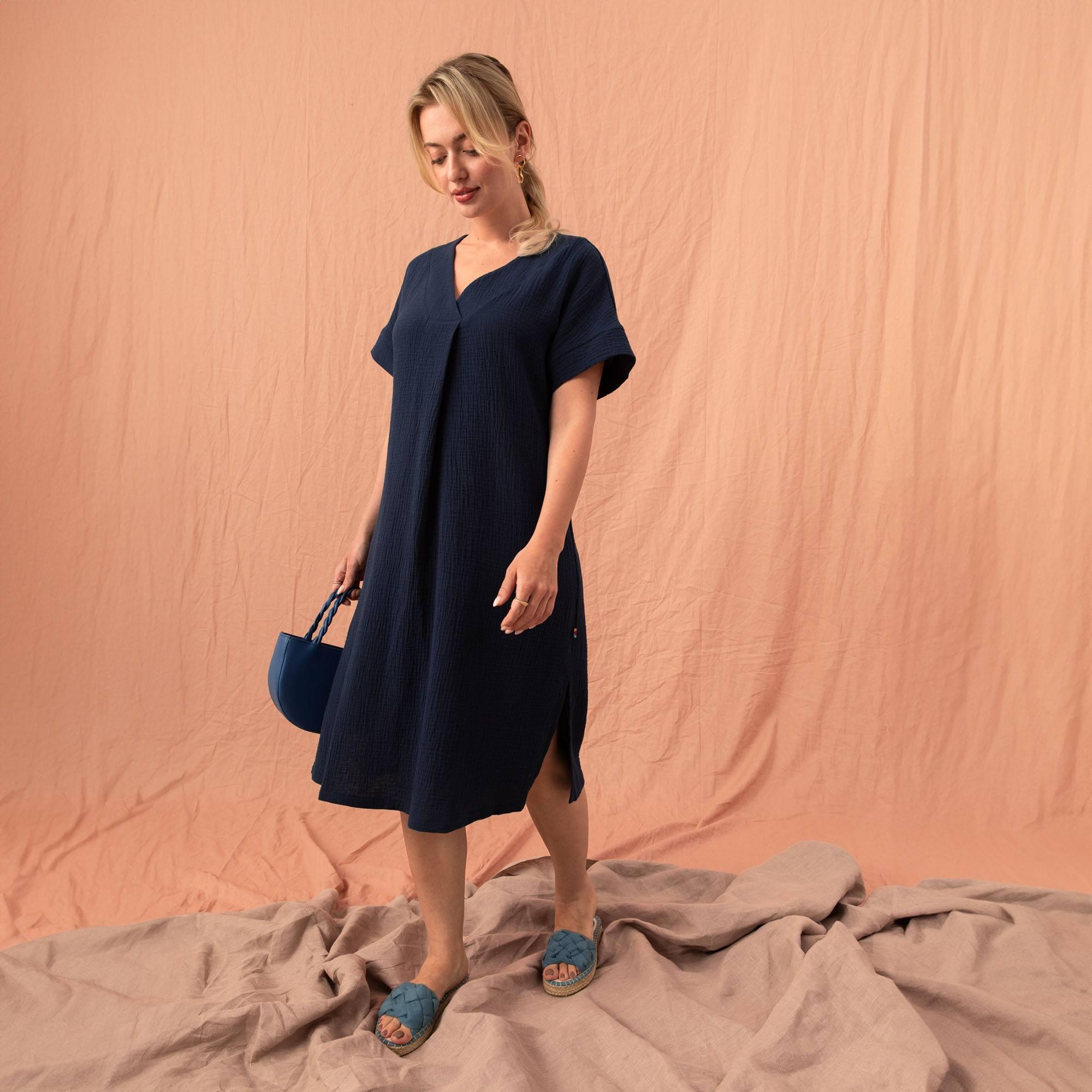 Navy blue muslin loose-fitting dress Women