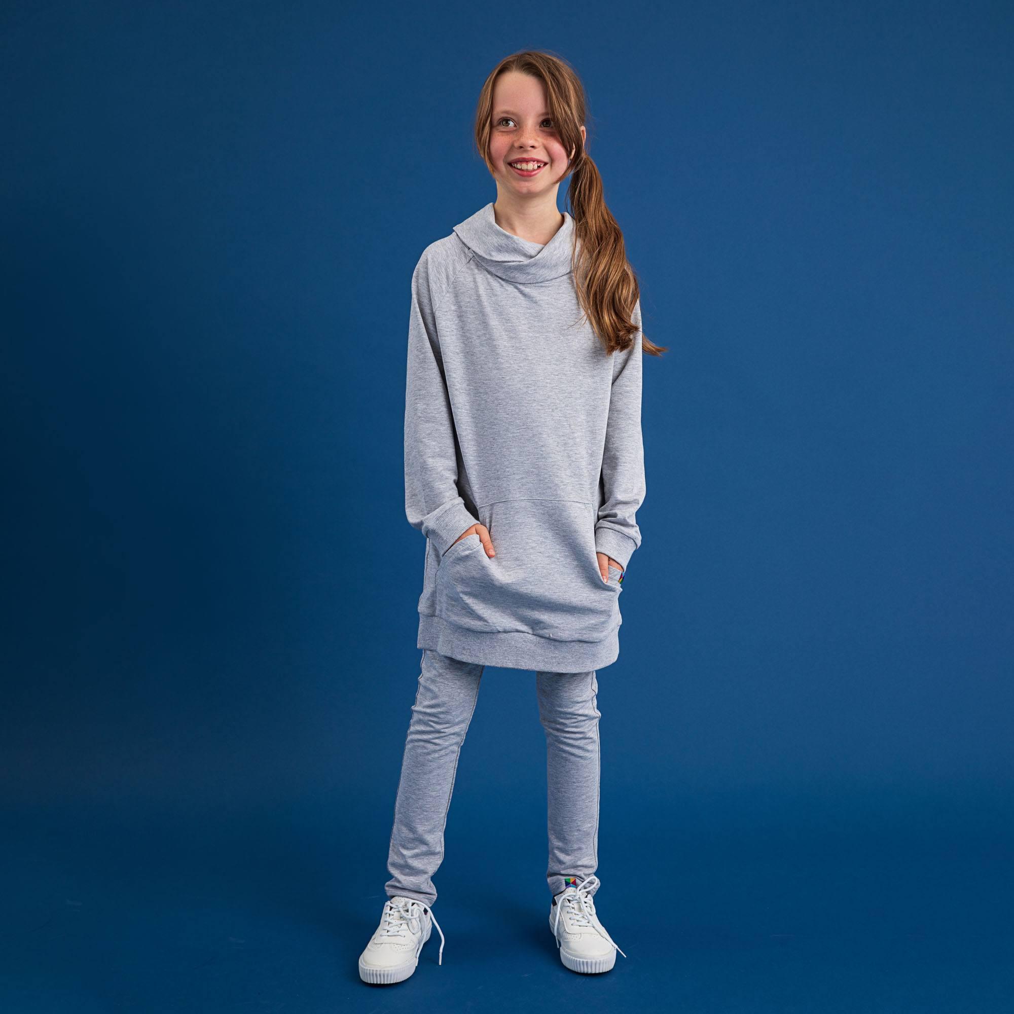 Grey melange long funnel neck pullover sweatshirt