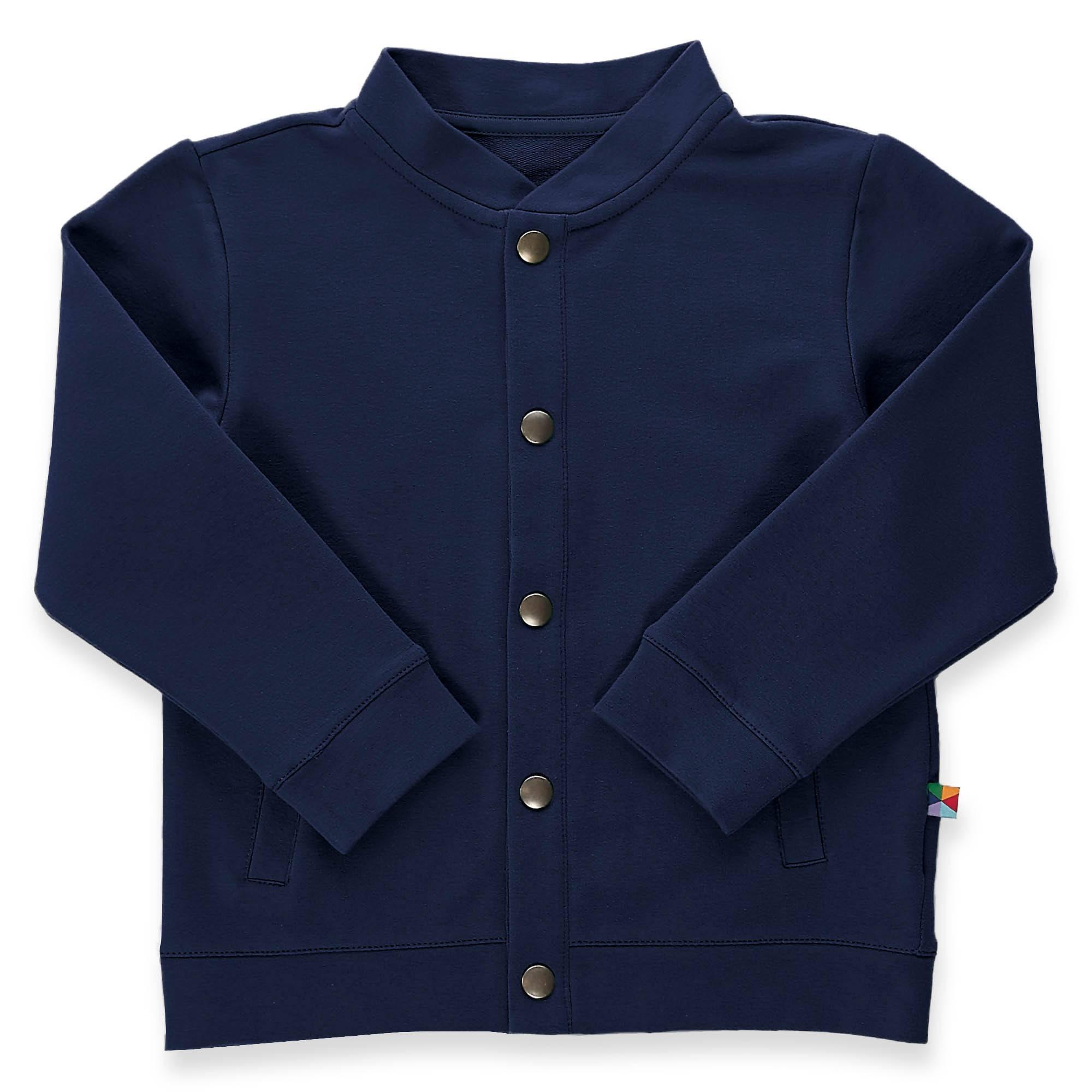 Navy blue button-up bomber jacket with pockets