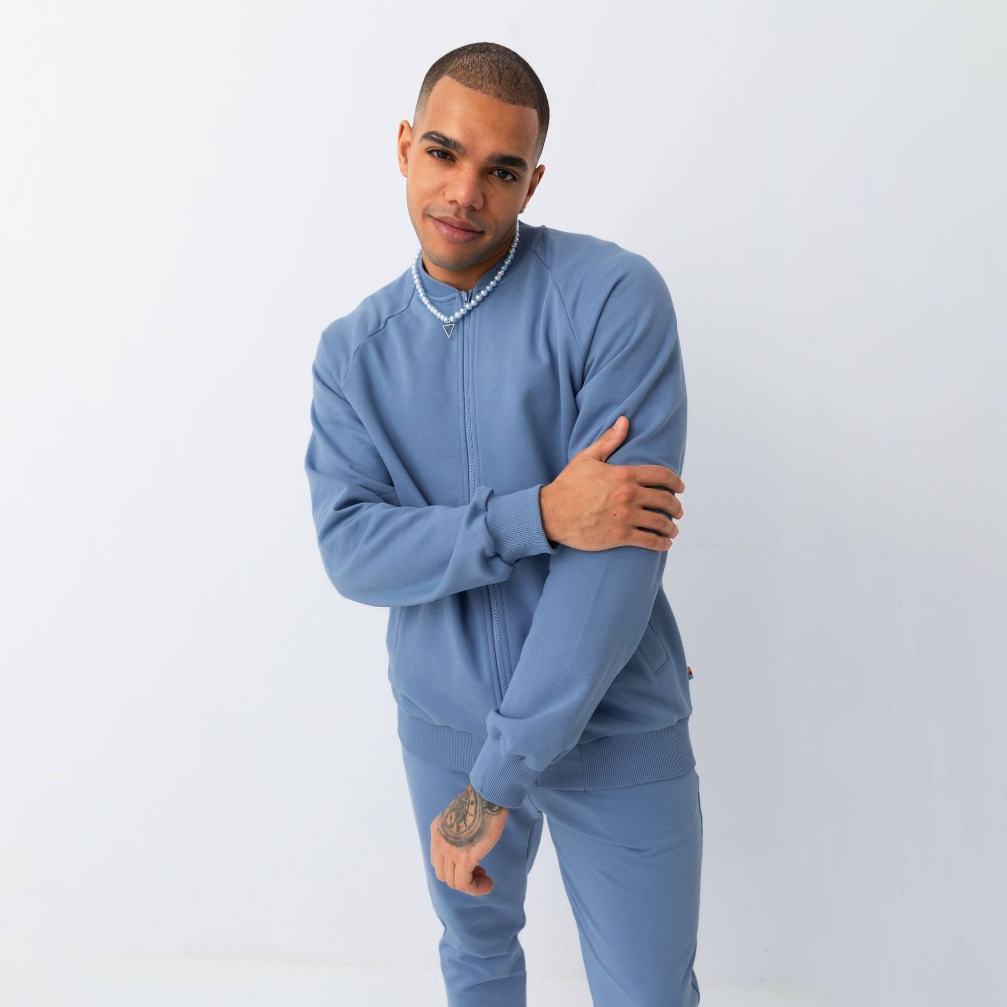 Sky blue zip-up crewneck sweatshirt Men