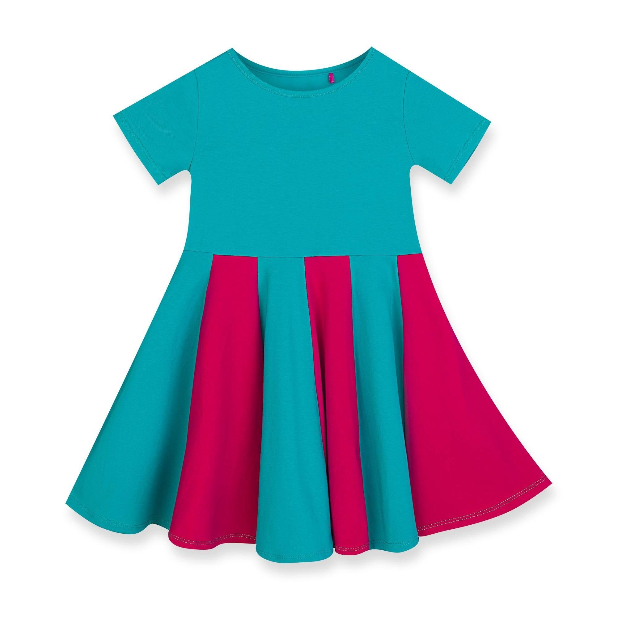 Turquoise - pink short sleeve dress with colorful ruffle