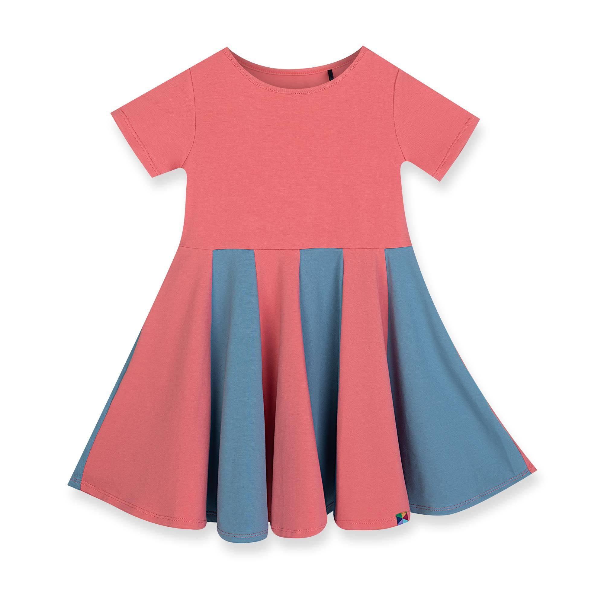 Coral - sky blue short sleeve dress with colorful ruffle