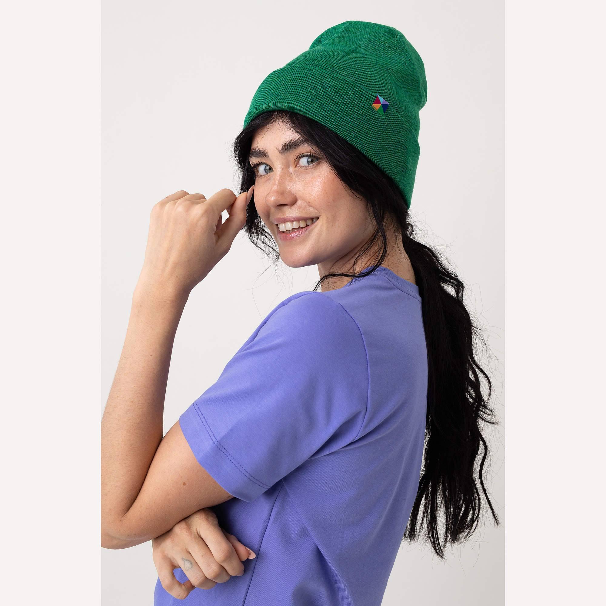 Green fine knit merino wool beanie