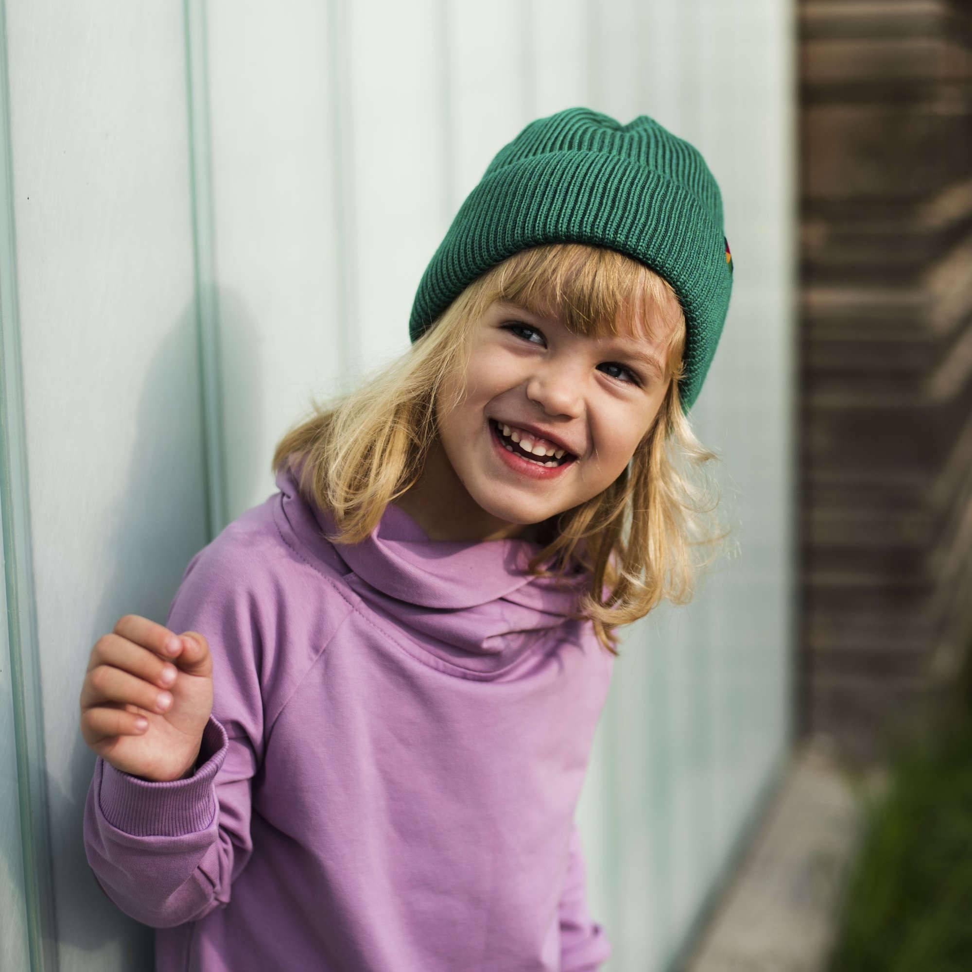 Green merino wool hat kids