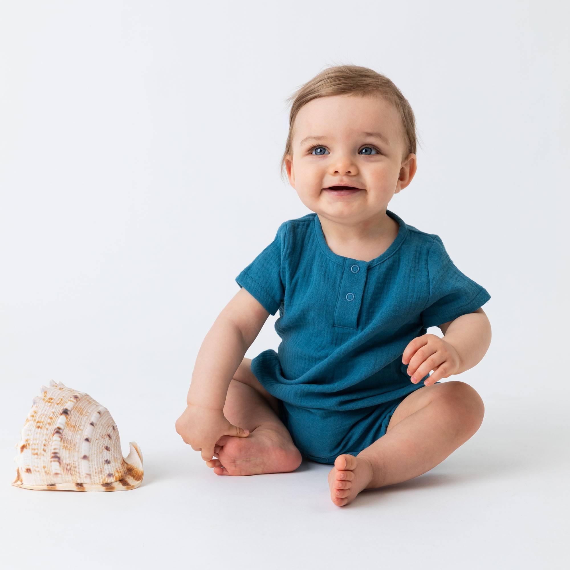 Blue muslin romper Baby