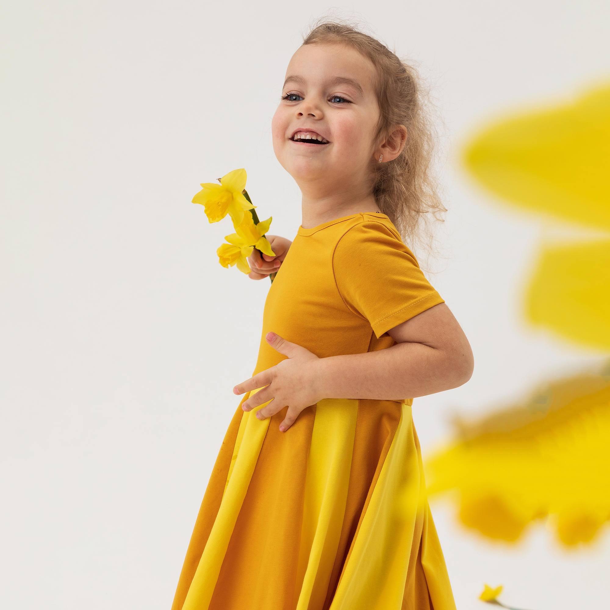 Mustard - yellow short sleeve dress with colorful ruffle