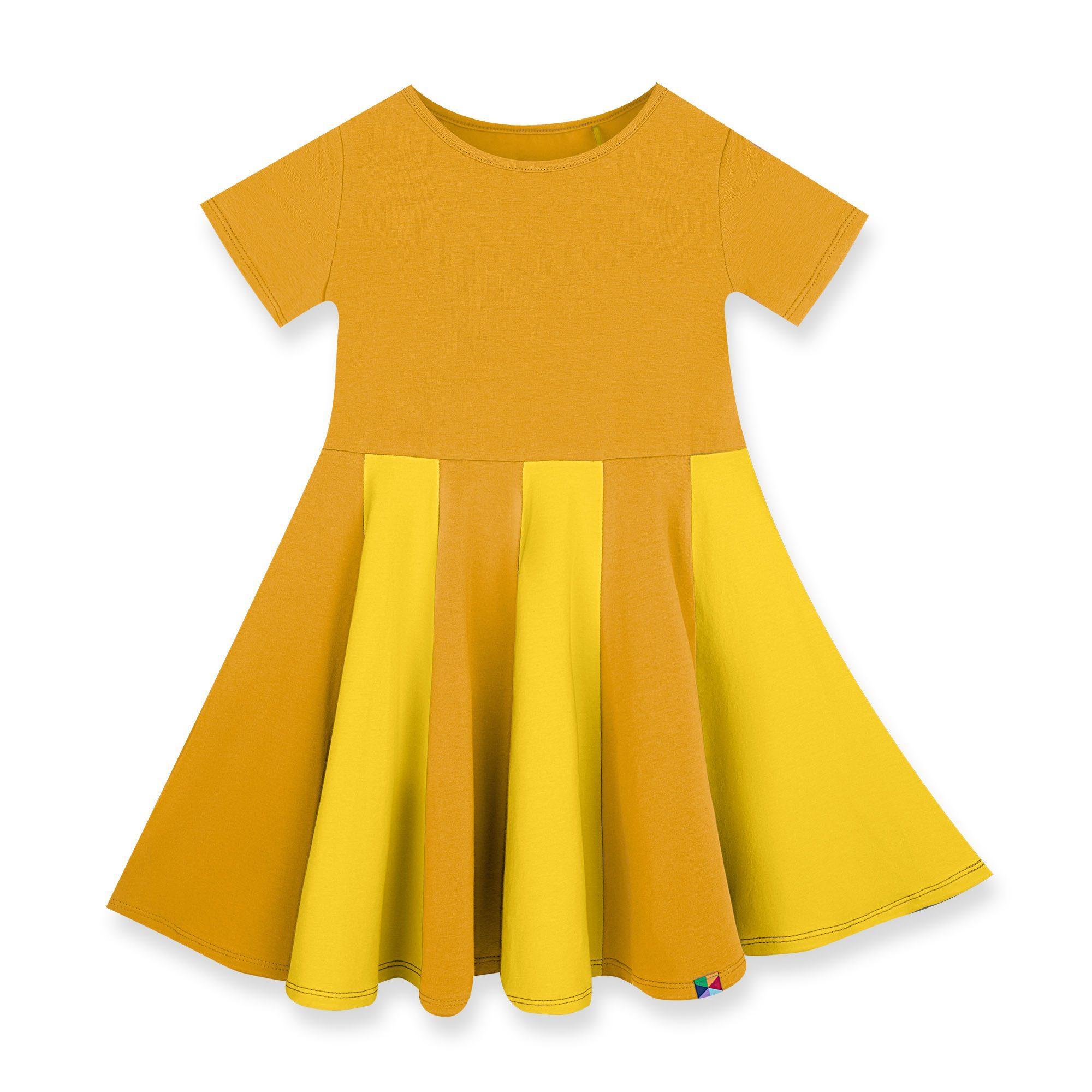 Mustard - yellow short sleeve dress with colorful ruffle