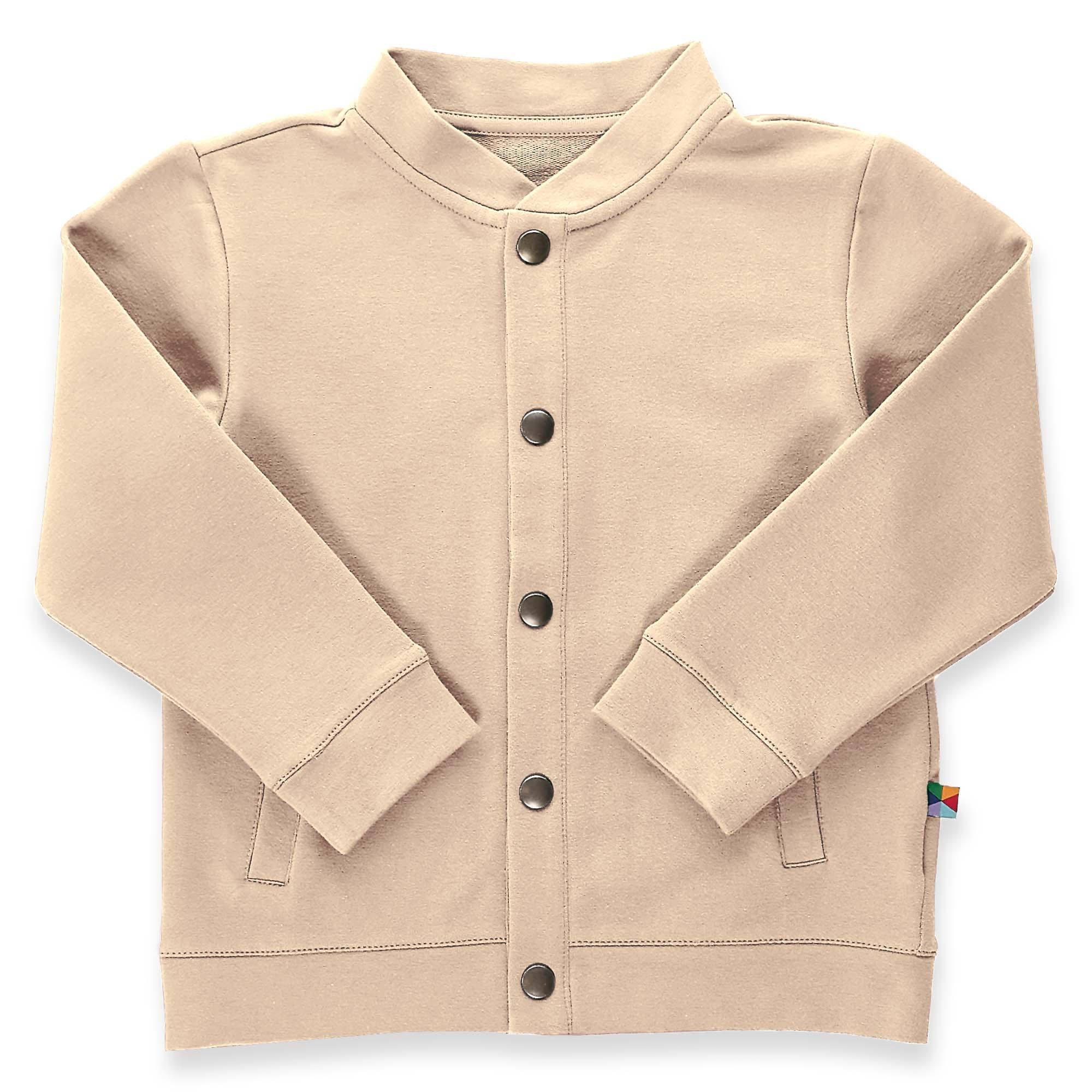 Beige button-up bomber jacket with pockets