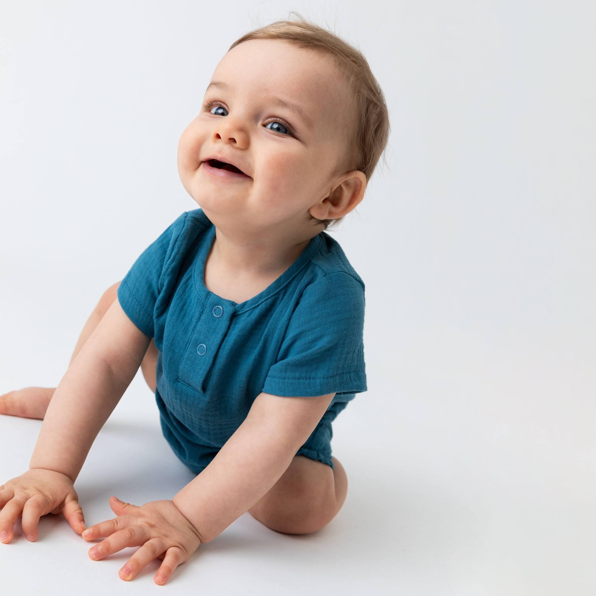 Blue muslin romper Baby