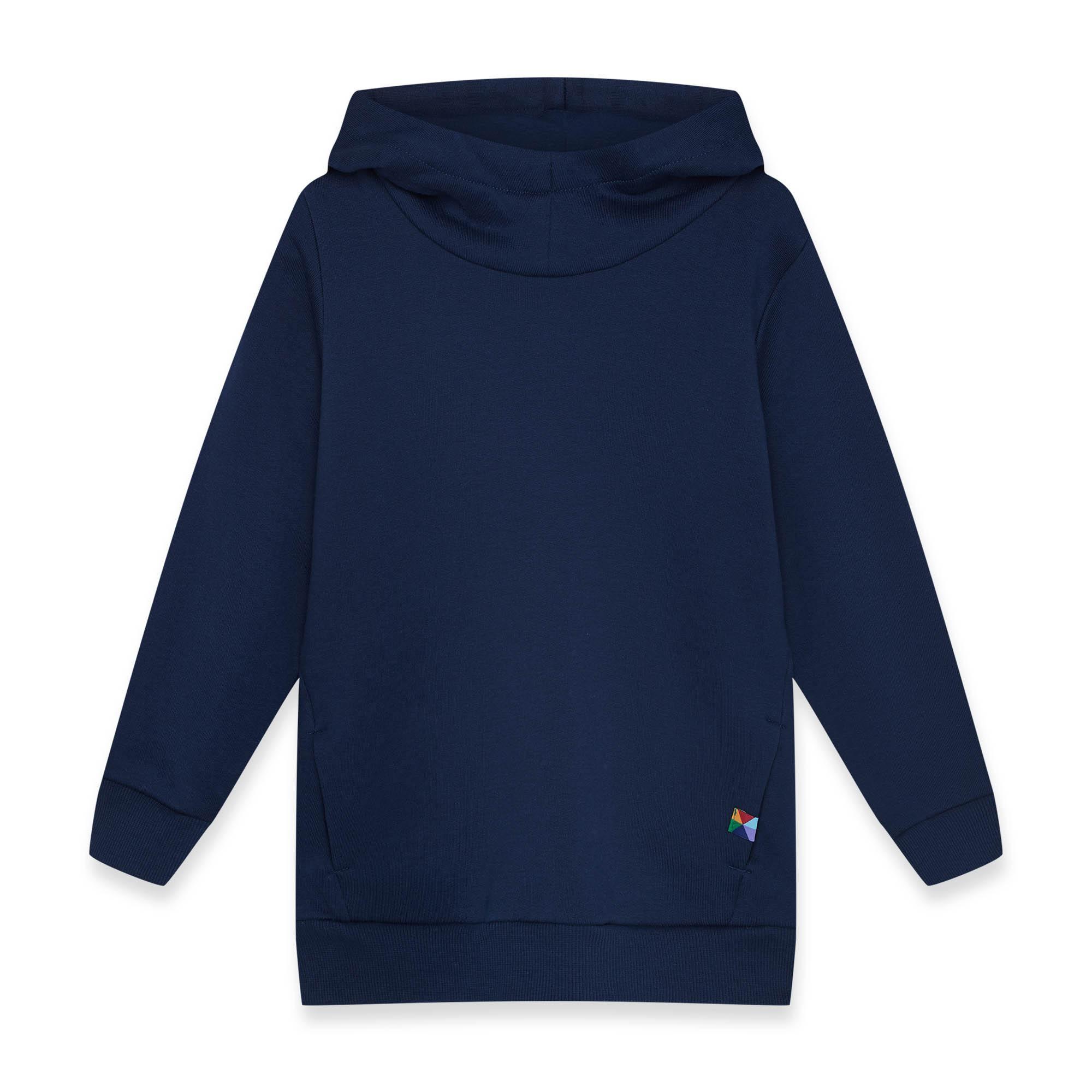 Navy blue fleece-lined pullover hoodie