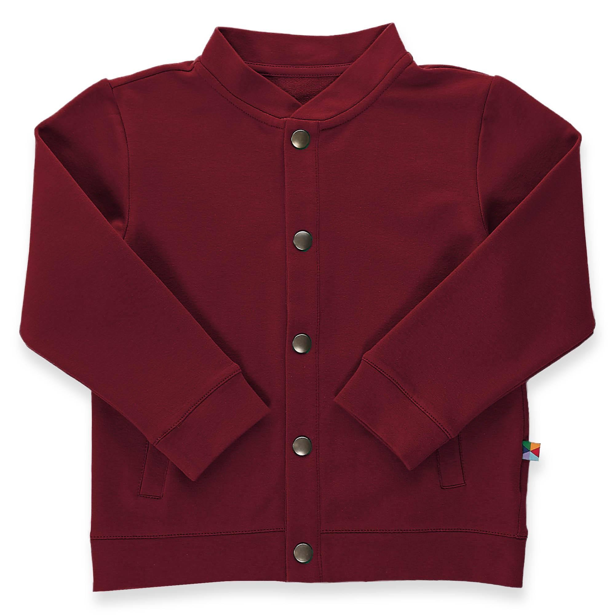 Burgundy button-up bomber jacket with pockets