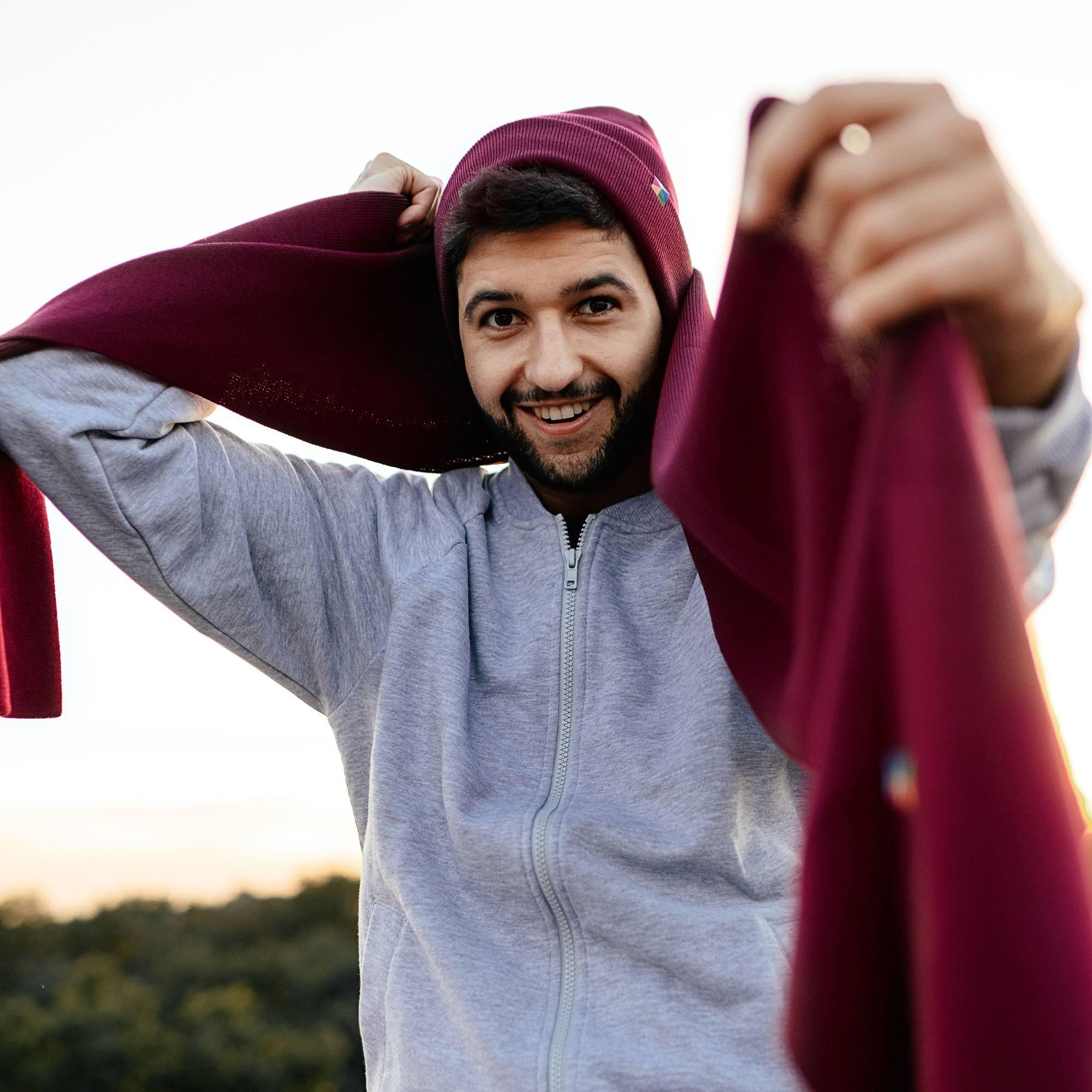 Burgundy fine knit merino wool beanie